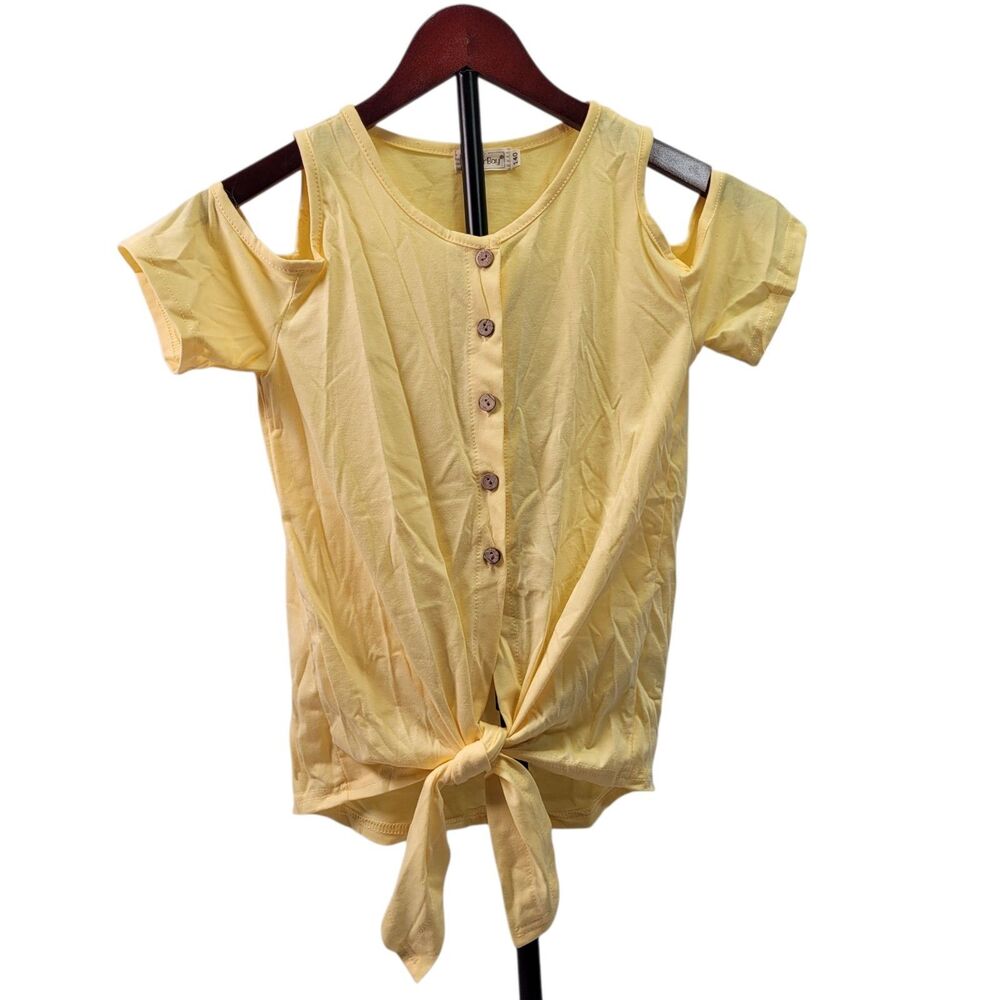 BesserBay Girls Button-Up Cold Shoulder & Tie Yellow Shirt Size 9-10 Years Old